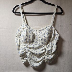 Floral Ruched Cream and Blue Women's Top
